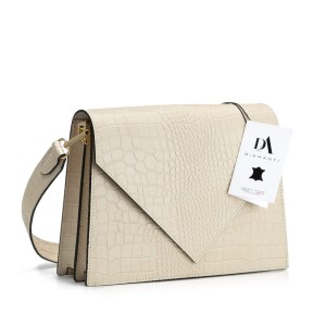 Geanta dama de umar din piele naturala lacuita cu textura croco DiAmanti Rosalinda Bej